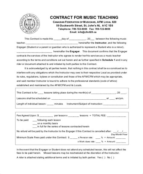Private Music Teacher Contract Template